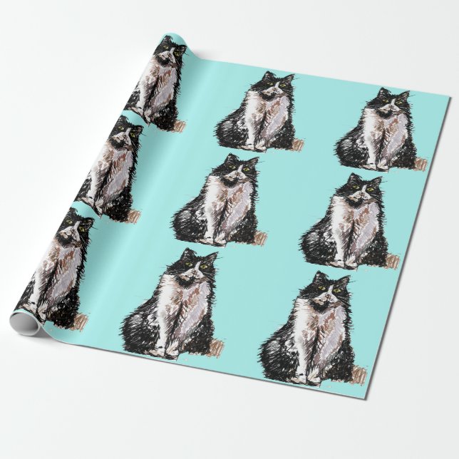 Papier Cadeau Tuxedo Chat Noir et Blanc Chats Aqua turquoise (Déroulé)