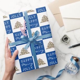 Papier Cadeau Typographie Bleue Joyeuse Motif d'Arbre de Noël