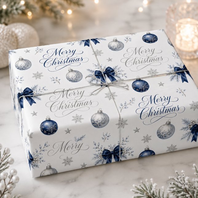 Papier Cadeau Typographie de Noël Navy Silver Merry Christmas Fê (Créateur téléchargé)