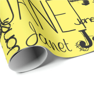 Papier Cadeau Typographie de nom personnalisée Noir Jaune