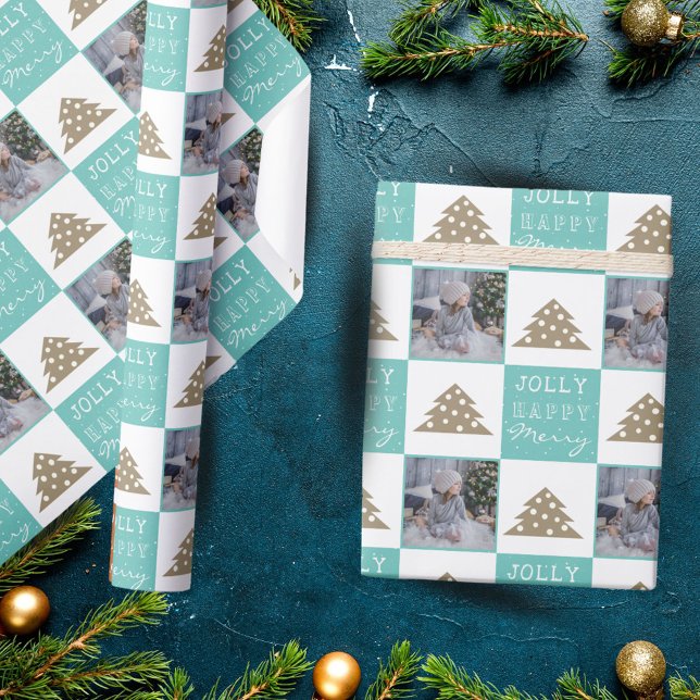 Papier Cadeau Typographie festive Arbre de Noël Photo famille (Créateur téléchargé)