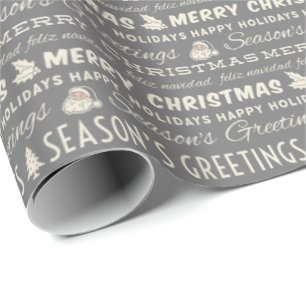 Papier Cadeau Typographie rétro de Noël gris et blanc