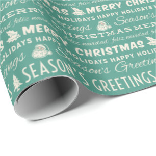 Papier Cadeau Typographie rétro de Noël Turquoise Green White