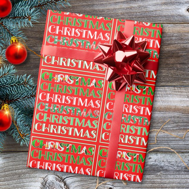 Papier Cadeau Typographie Rétro Rouge Vert Noël Fêtard (Créateur téléchargé)