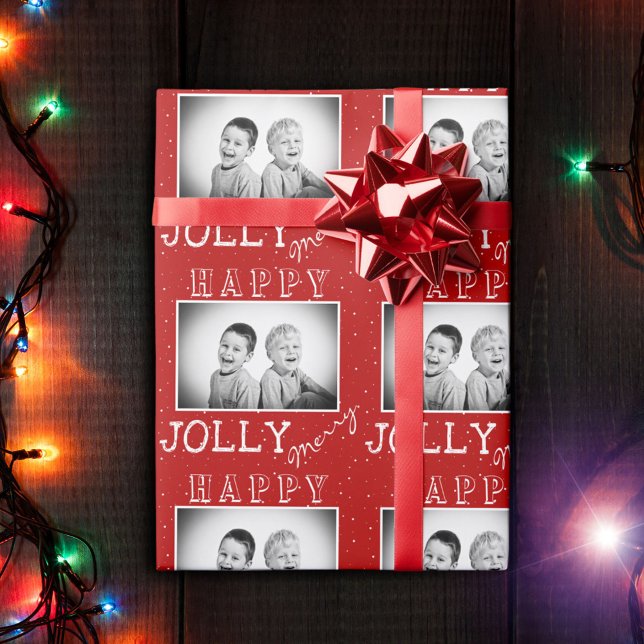 Papier Cadeau Typographie rouge blanc festive Photo de Noël (Créateur téléchargé)