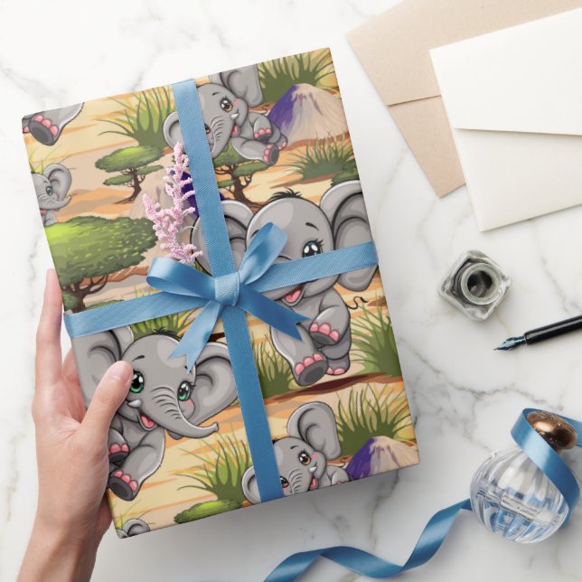 Papier Cadeau Un bébé éléphant qui sonne heureux dans la savane  (Cadeaux)