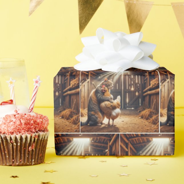 Papier Cadeau Un chat attrape un poulet de la ferme (Fête d'anniversaire)