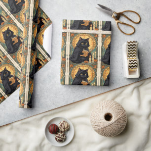 Papier Cadeau Un Chat Noir Familier Et Champignons D'Halloween 1