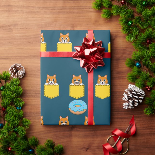 Papier Cadeau Un chat qui regarde et un donut bleu (Cadeau de vacances)
