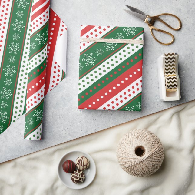 Papier Cadeau Un classique motif de Noël rayures de flocons roug (Artisanat)