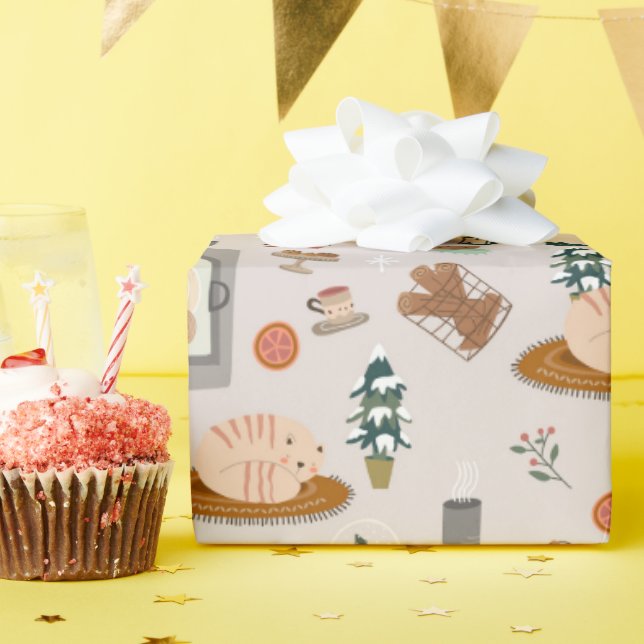 Papier Cadeau un motif d'hiver chaud rempli de chats et d'hiver (Fête d'anniversaire)