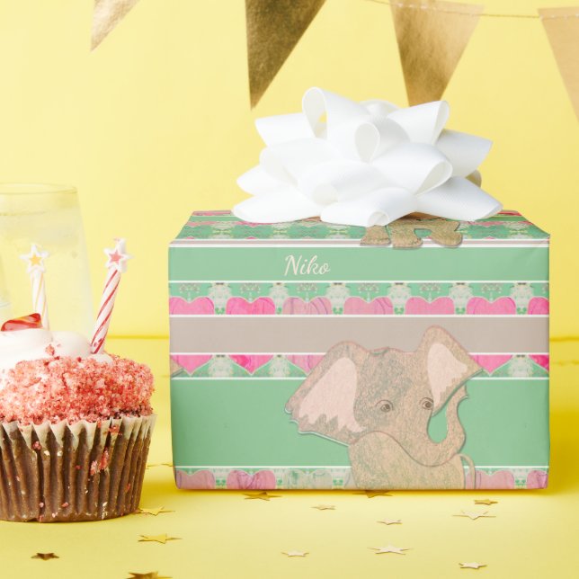 Papier Cadeau Un nouveau bébé garçon ! Eléphant et vert (Fête d'anniversaire)