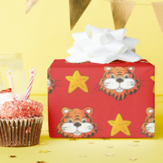 Papier Cadeau Un tigre souriant mignon et un motif étoilé