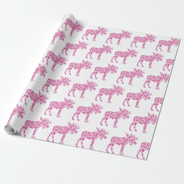Papier Cadeau Une mignonne orignal composée de petits coeurs ros (Déroulé)