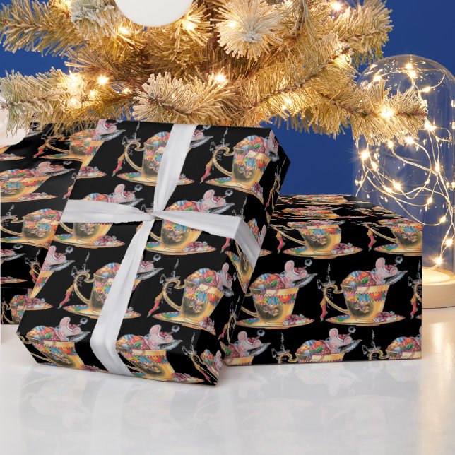 Papier Cadeau Une mignonne souris dans une tasse de thé Noël (Vacances)