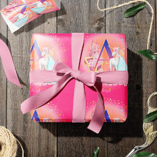 Papier Cadeau Unicorn and Princess with Castle Letter A Monogram