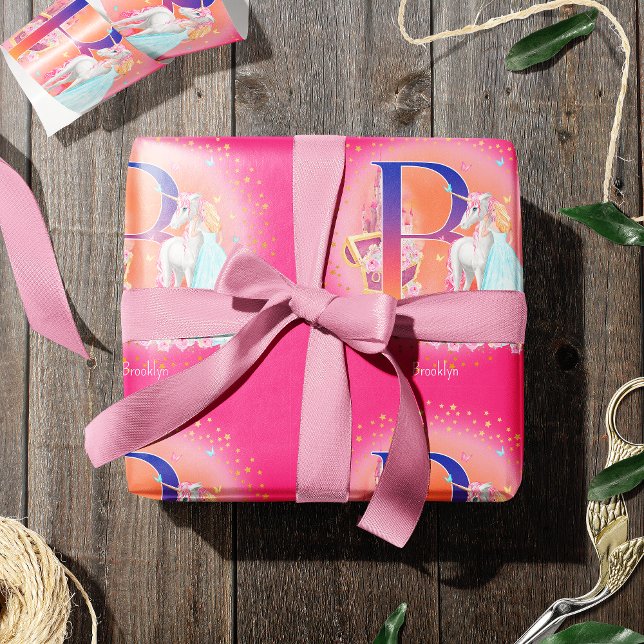 Papier Cadeau Unicorn and Princess with Castle Letter B Monogram (Créateur téléchargé)
