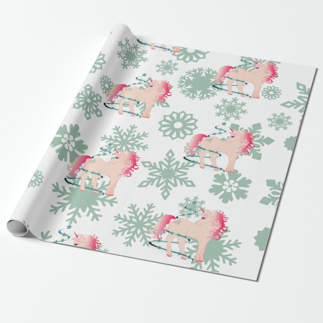 Papier Cadeau Unicorn Cute Girl Whimsical Snowflakes (Déroulé)