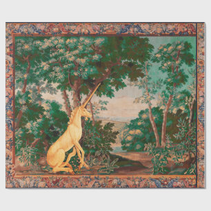 PAPIER CADEAU UNICORN EN PAYSAGE EN BOIS, ARBRES, ROSE VERTE
