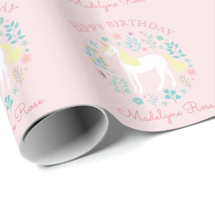 Papier Cadeau Unicorn Floral Blush rose Personnalisé Anniversair