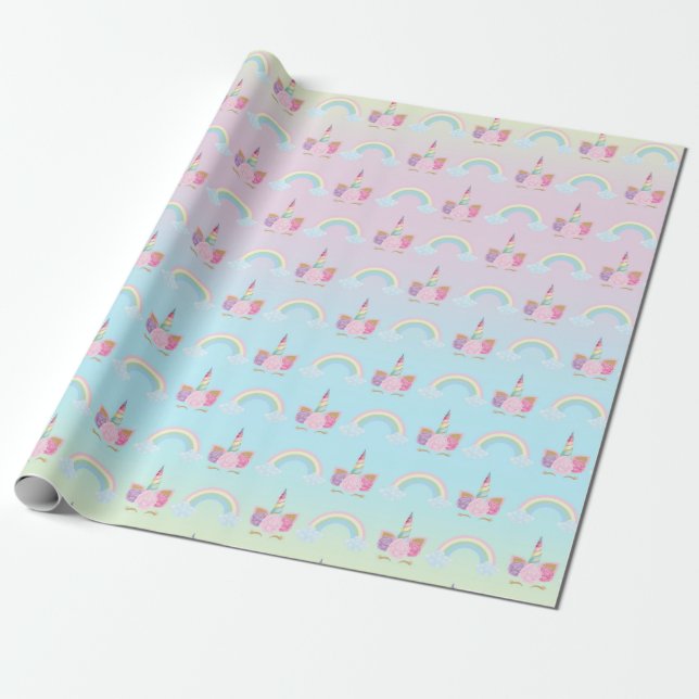 Papier Cadeau Unicorn Pastel Rose Girl Rainbow Anniversaire (Déroulé)