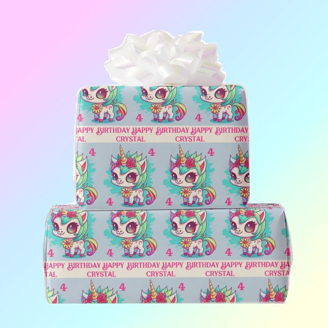 Papier Cadeau Unicorn Rainbow Personnaliser Nom et âge de la fil (Créateur téléchargé)