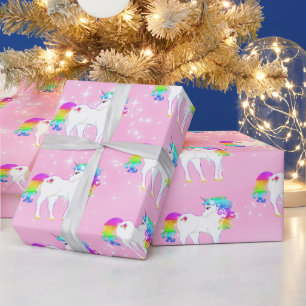 Papier Cadeau Unicorne arc-en-ciel rose mou