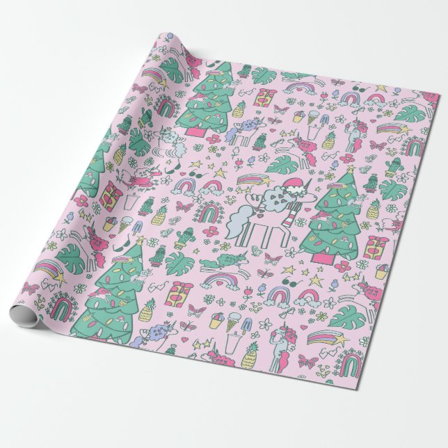 Papier Cadeau unicorne de noël père Noël whimsical cactus monste (Déroulé)