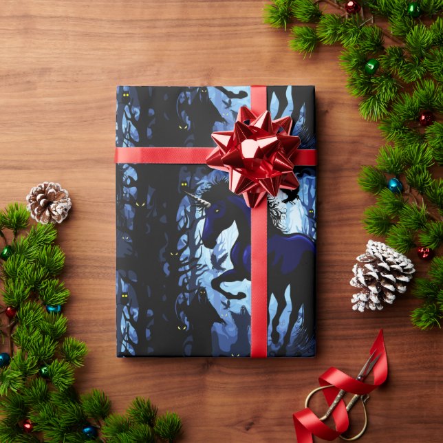 Papier Cadeau Unicorne Fée magique noire dans la forêt noire (Cadeau de vacances)
