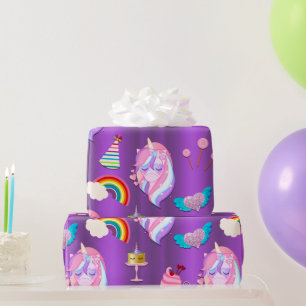Papier Cadeau Unicorne fête d'anniversaire sur violet