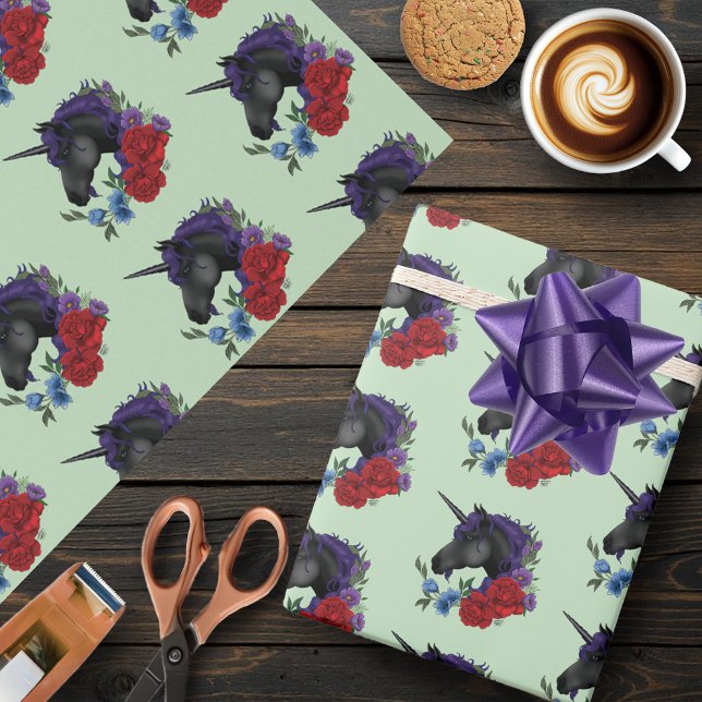 Papier Cadeau Unicorne noire violet Fleurs de Sage Rouge (Créateur téléchargé)