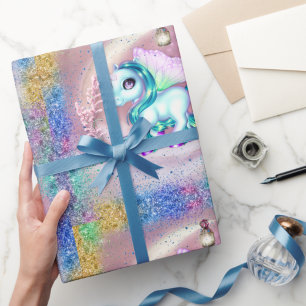 Papier Cadeau Unicornes ailées et Parties scintillant arc-en-cie