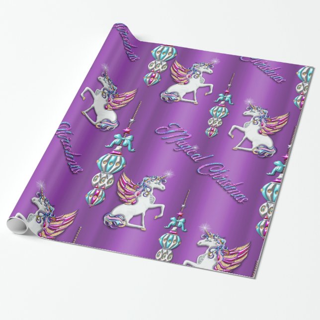 Papier Cadeau Unicornes de Noël Magique Violet (Déroulé)