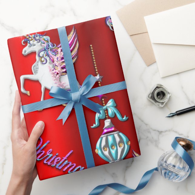 Papier Cadeau Unicornes de Noël magiques sur rouge (Cadeaux)