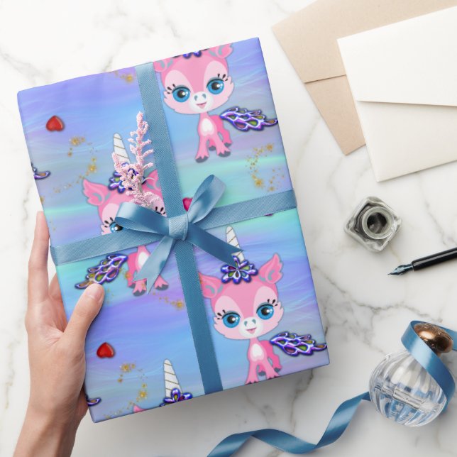 Papier Cadeau Unicornes et coeurs roses (Cadeaux)