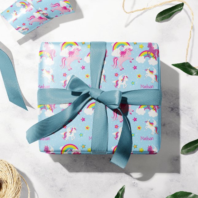 Papier Cadeau Unicornes mignonnes rose pourpre et Rainbows Girls (Créateur téléchargé)