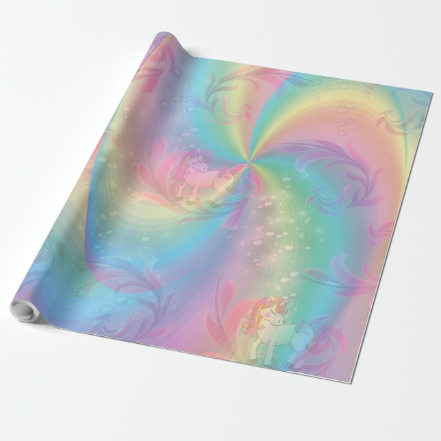 Papier Cadeau Unicornes, spirales arc-en-ciel pour filles à tart (Déroulé)