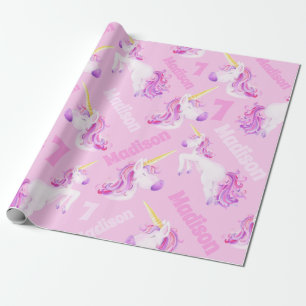 Papier Cadeau Unicorns rose violet nom personnalisé et âge 7