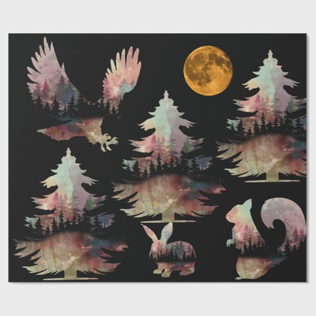 Papier Cadeau Unique Arbres Rustiques Animaux Enveloppement Papi (Plat)