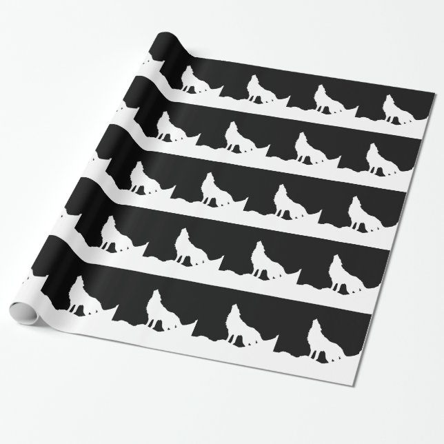 Papier Cadeau Unique Noir & Blanc Pop Art Wolf Silhouette (Déroulé)