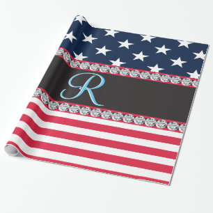 Papier Cadeau USA Stars Stripes Script Monogramme Éblouissant