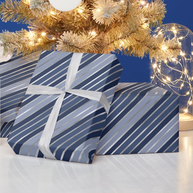 Papier Cadeau Vacances Bleu et Argent Foil Stripes de Noël (Vacances)