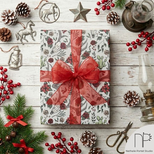 Papier Cadeau Vacances de Crâne de Renne Occidental (Hand drawn western reindeer skull and rose pattern wrapping paper for country christmas weddings)