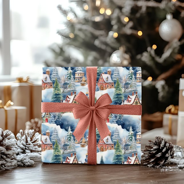 Papier Cadeau Vacances de Noël dans le village bavarois d'hiver  (Snowy Winter Wonderland Bavarian Village Landscape Christmas Holiday Blue | Multi Wrapping Paper)