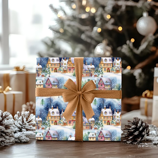 Papier Cadeau Vacances de Noël dans le village bavarois d'hiver  (Snowy Winter Wonderland Bavarian Village Landscape Christmas Holiday Multi-Colored Wrapping Paper)