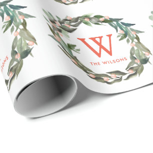 Papier Cadeau Vacances de Noël Monogram Green Wreath