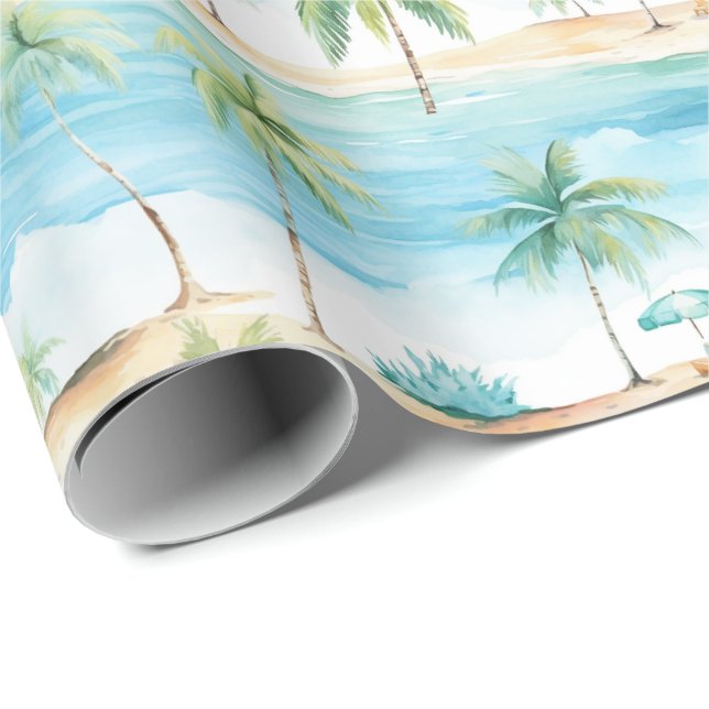 Papier Cadeau Vacances d'été Plage Palmiers - (Coin rond)