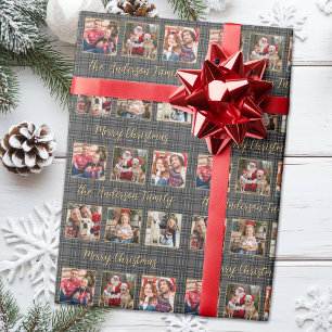 Papier Cadeau Vacances d'hiver Plaid Grey Or Custom 6 Photos