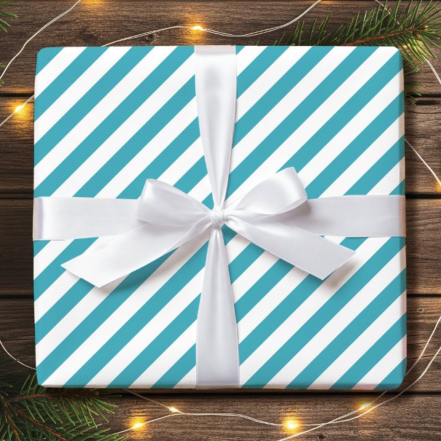 Papier Cadeau Vacances diagonales triées Turquoise blanc simple (Créateur téléchargé)