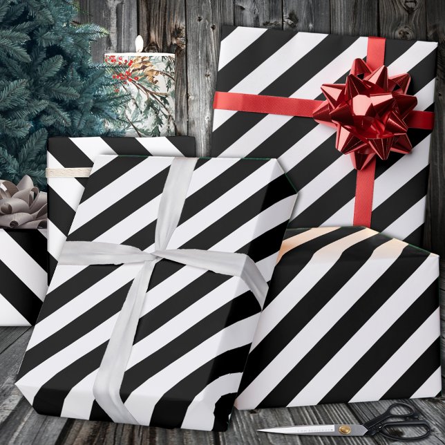 Papier Cadeau Vacances en bande blanche noire (Black White Wide Stripe Holiday Wrapping Paper in 6 and 15 foot 30 Inch Width Rolls.)